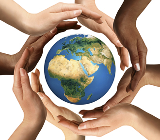 Humanitarian aid concept - hands around the world