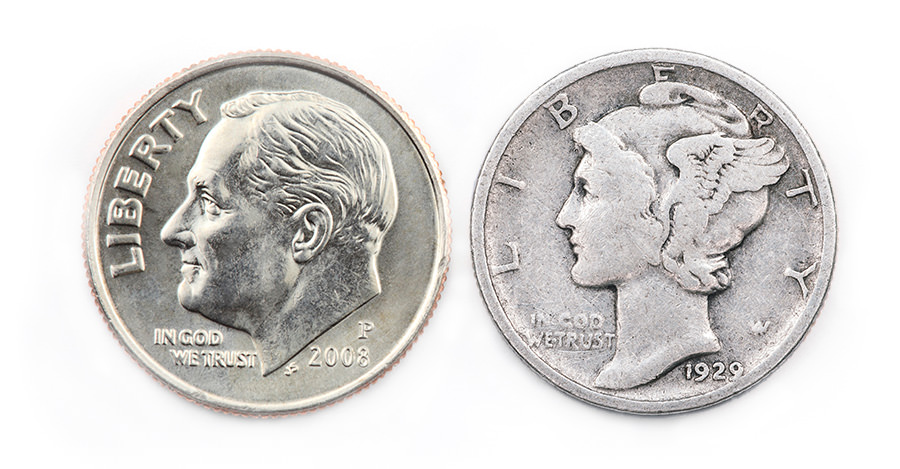 The Roosevelt dime side-by-side with the Liberty dime.