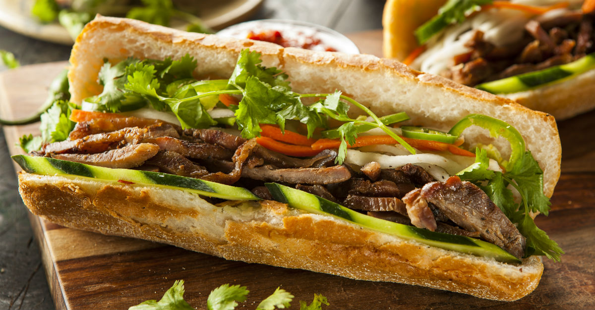 Marinated pork and pickled vegetables make up this famous sandwich.